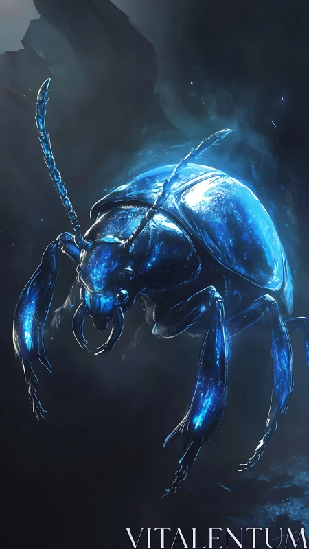 Bioluminescent armored beetle stalks through deep shadowed cavern