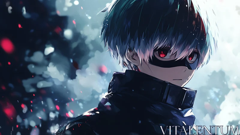 Masked anime figure stands in side profile amid blurred lights