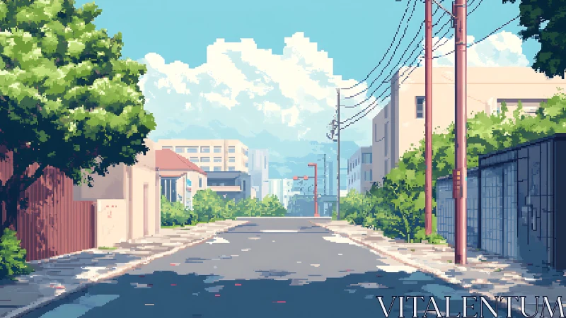 Quiet pixel street drifts into a bright summer horizon