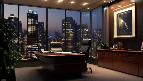 Modern executive office interior with city skyline view.