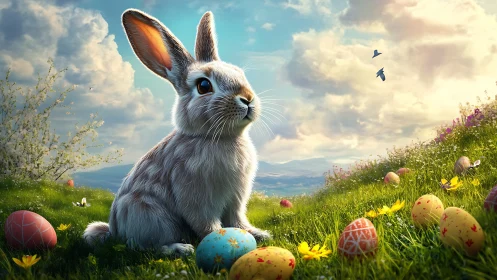 Spring meadow rabbit amid glowing painted Easter eggs.