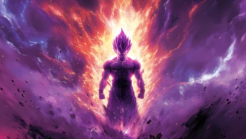Cosmic warrior ignites within violet and ember stormscape.