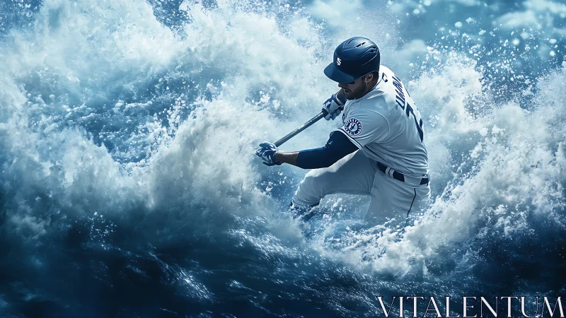 Baseball batter composited within turbulent ocean waves.