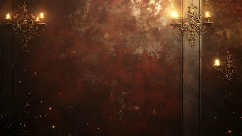 Wall-mounted metal sconces illuminate a textured aged surface