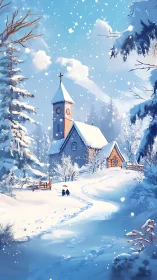 Snow-laden alpine chapel path with children in blue twilight