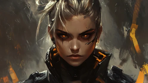 Cybernetic female portrait with glowing orange eyes, front view.