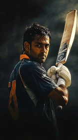 Cricketer holds raised bat in dramatic low key lighting