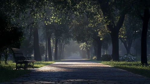 Sunlit park path drifts into a tranquil, misty distance.