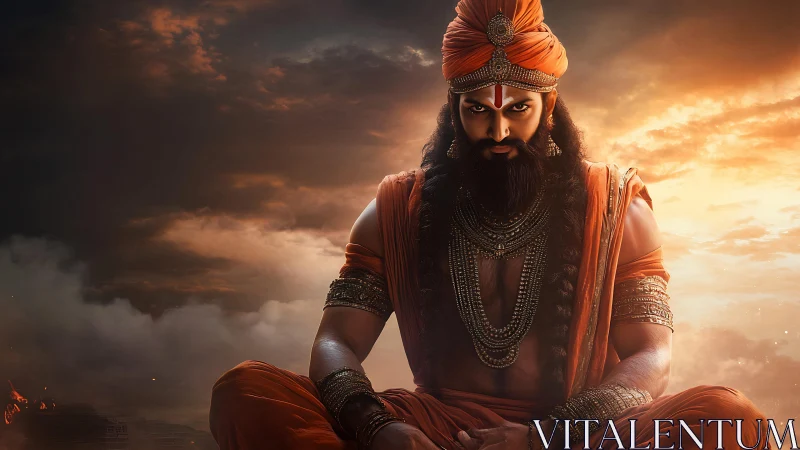 Fiery sage in sunset robes holding storm-soaked silence.