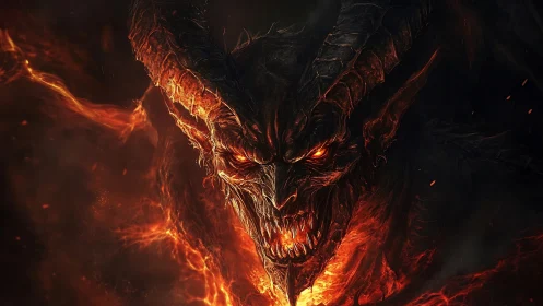 Fiery horned demon emerging from swirling molten shadows.