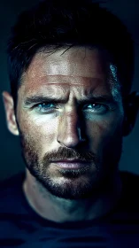 Focused blue-eyed portrait in dramatic cinematic light.