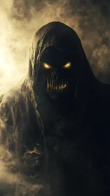 Hooded spectral entity with glowing eyes emerges from dense smoke