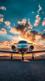 Private jet nose view under vivid sunset sky on runway.