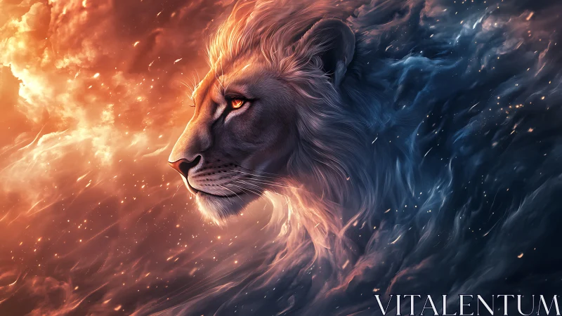 Lion profile amid divided fiery and dark swirling clouds.