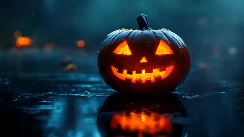 Rain-slick jack-o’-lantern grinning through the blue gloom.