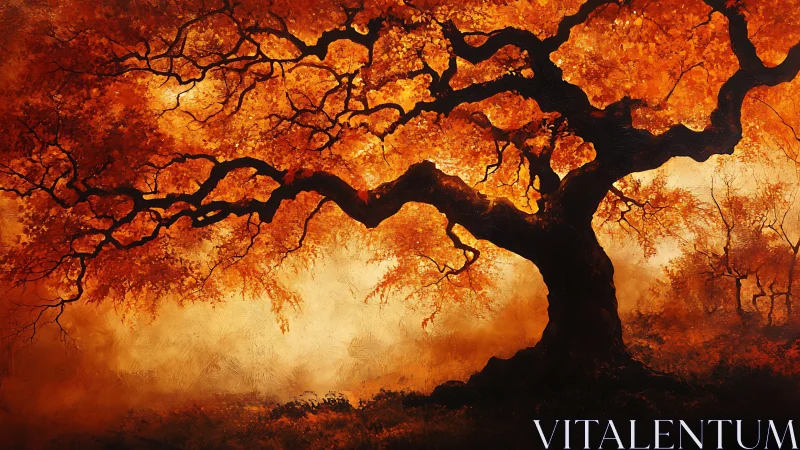 Ancient Oak in Autumn Fire: Digital Landscape Silhouette.