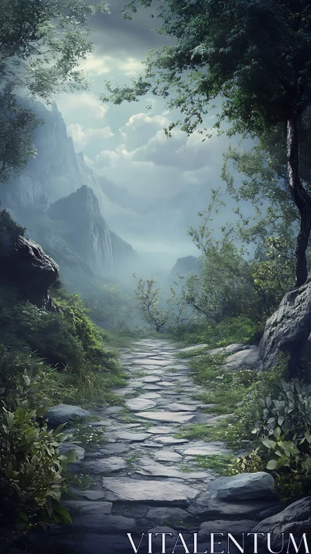 Stone Path Through Misty Mountain Canyon Calls to Adventure