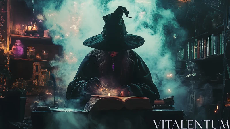 Mystic witch conjures spells over a glowing arcane grimoire.