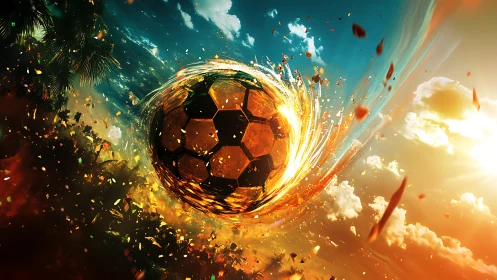 Plasma-ignited football traversing turbulent sunset sky field.