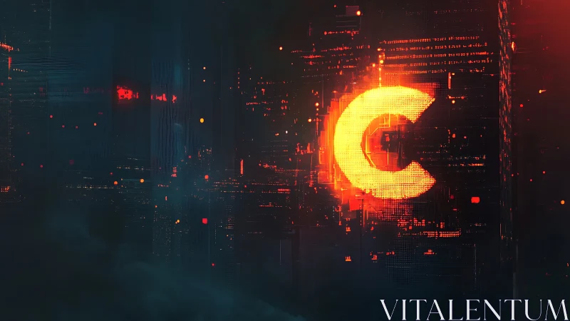 Glowing voxel C glyph embedded in dense cybernetic data matrix