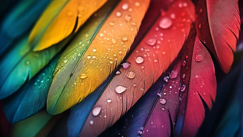 Macro view of multicolored feathers with surface water droplets.