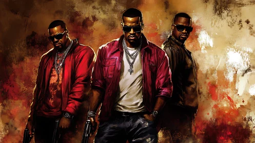 Three armed men stand against fiery abstract urban backdrop