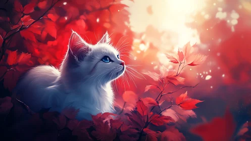 White cat with blue eyes among crimson autumn foliage and warm light