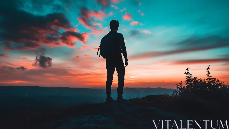 Sunset hiker pausing on a ridge beneath glowing skies.