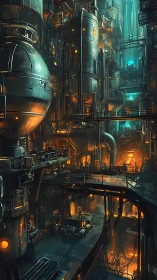 Glowing sci fi factory alive with pipes, walkways, and light.