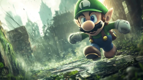 Green-capped hero sprints through rain-soaked ruined realm.