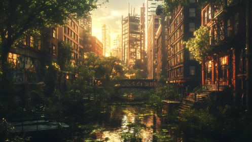 Sunlit urban canal corridor shows dense vegetation growth