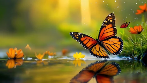 Sunlit orange butterflies dance gently above a quiet pond
