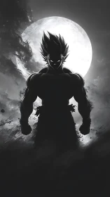 Monochrome anime warrior silhouette against full moon backlight