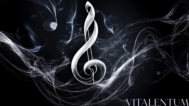 Treble clef formed from luminous white smoke on black background