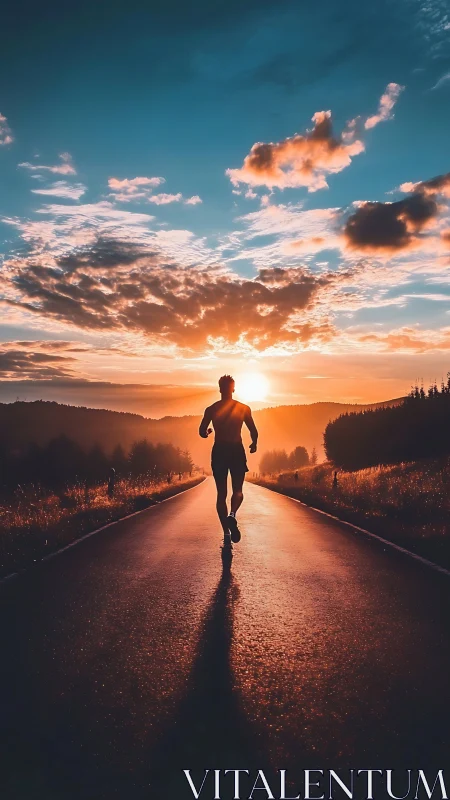 Silhouette runner cuts into blazing sunset along empty road.