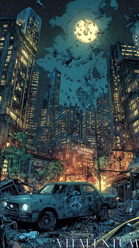 Ruined city street lies under full moon and towering skyline