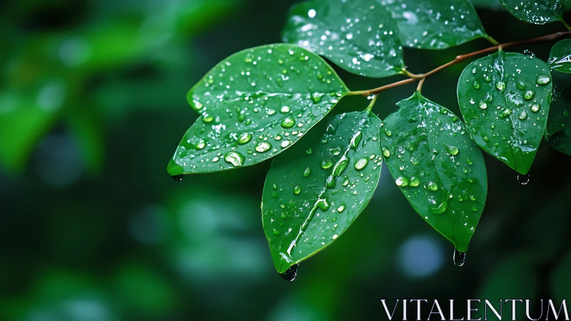 Glistening green leaves after rainfall in soft natural light.
