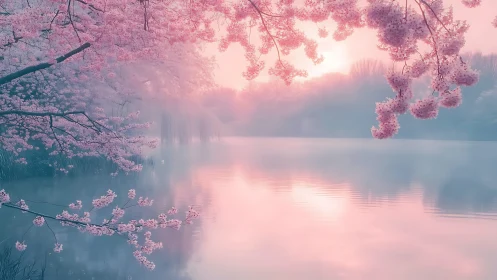 Soft-focus cherry blossom lake at sunrise in pastel tones