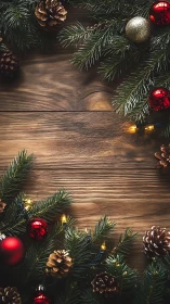 Rustic wooden table whispers under festive evergreen glow