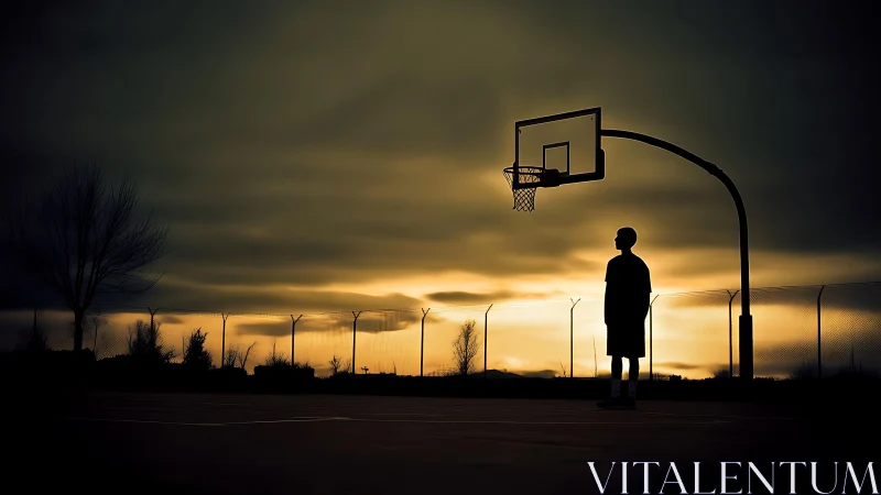 Silhouetted youth on outdoor court at muted sunset.