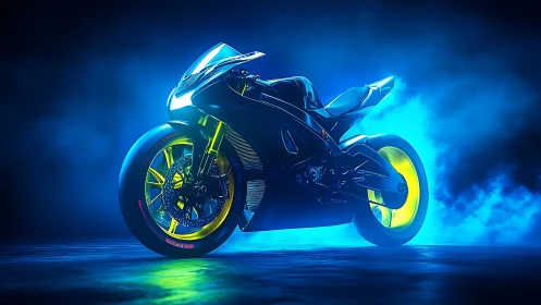 Neon-lit futuristic sport motorcycle rests in blue studio haze