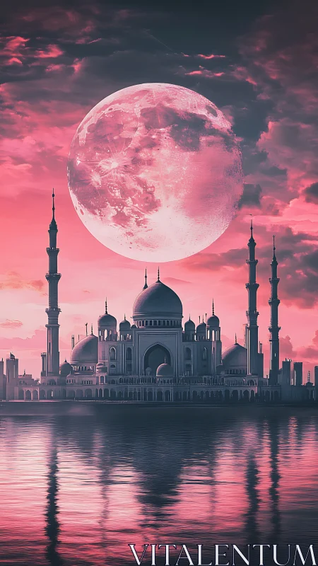 Mosque silhouette under oversized moon with pink sky.