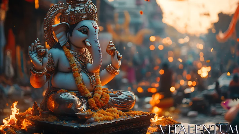 Sacred Ganesha idol glows amid festive street firelight