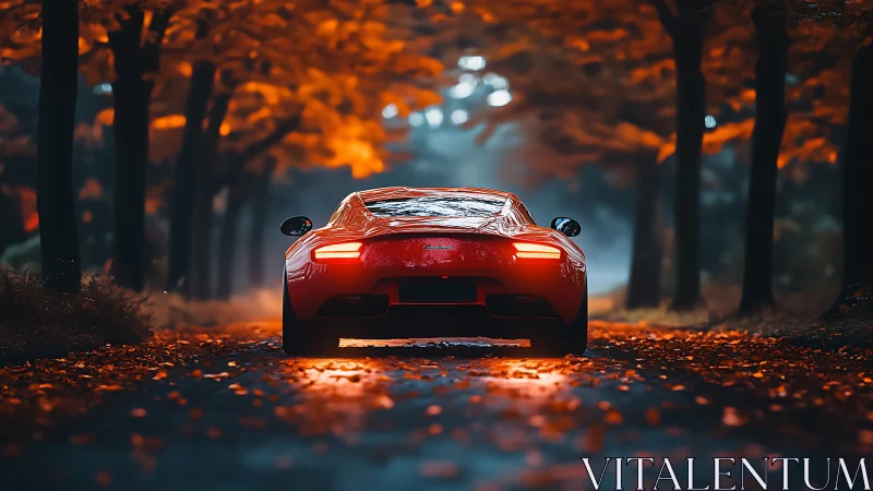 Red sports car glows through misty autumn forest road at dusk