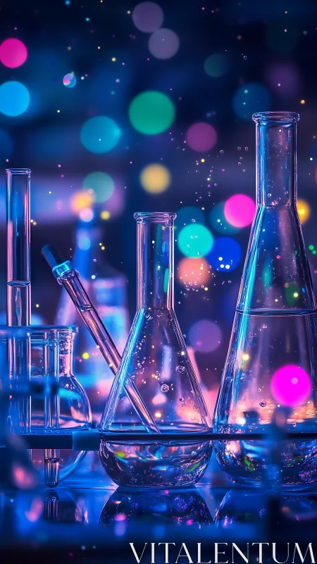 Chromatic chemistry glassware under neon laboratory bokeh.