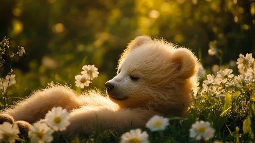 Golden-hour bear cub portrait uses soft backlighting and bokeh