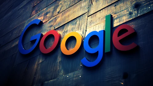 Chromatic Google logotype on textured façade under raking light.