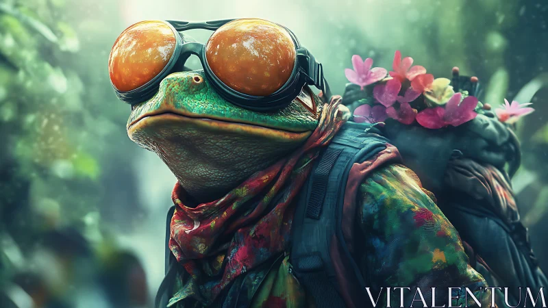 Amphibian trekker with optical goggles in saturated jungle gear.