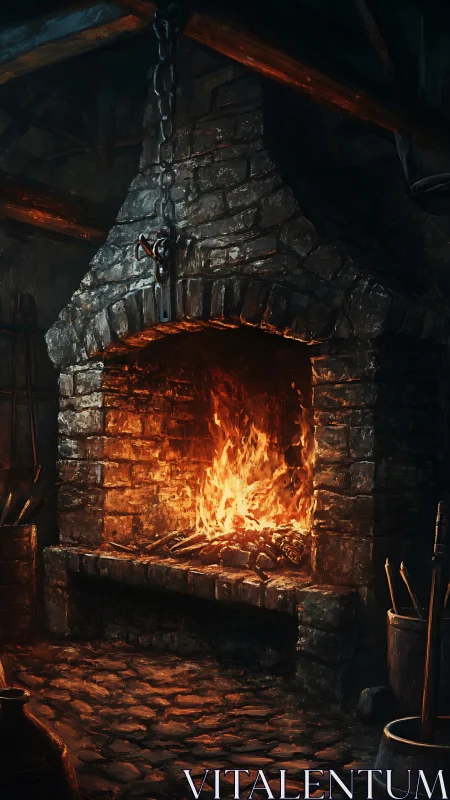 Illuminated Stone Forge with Active Fire and Metal Framework