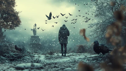 Solitary figure in snowy path with crows and distant structure.